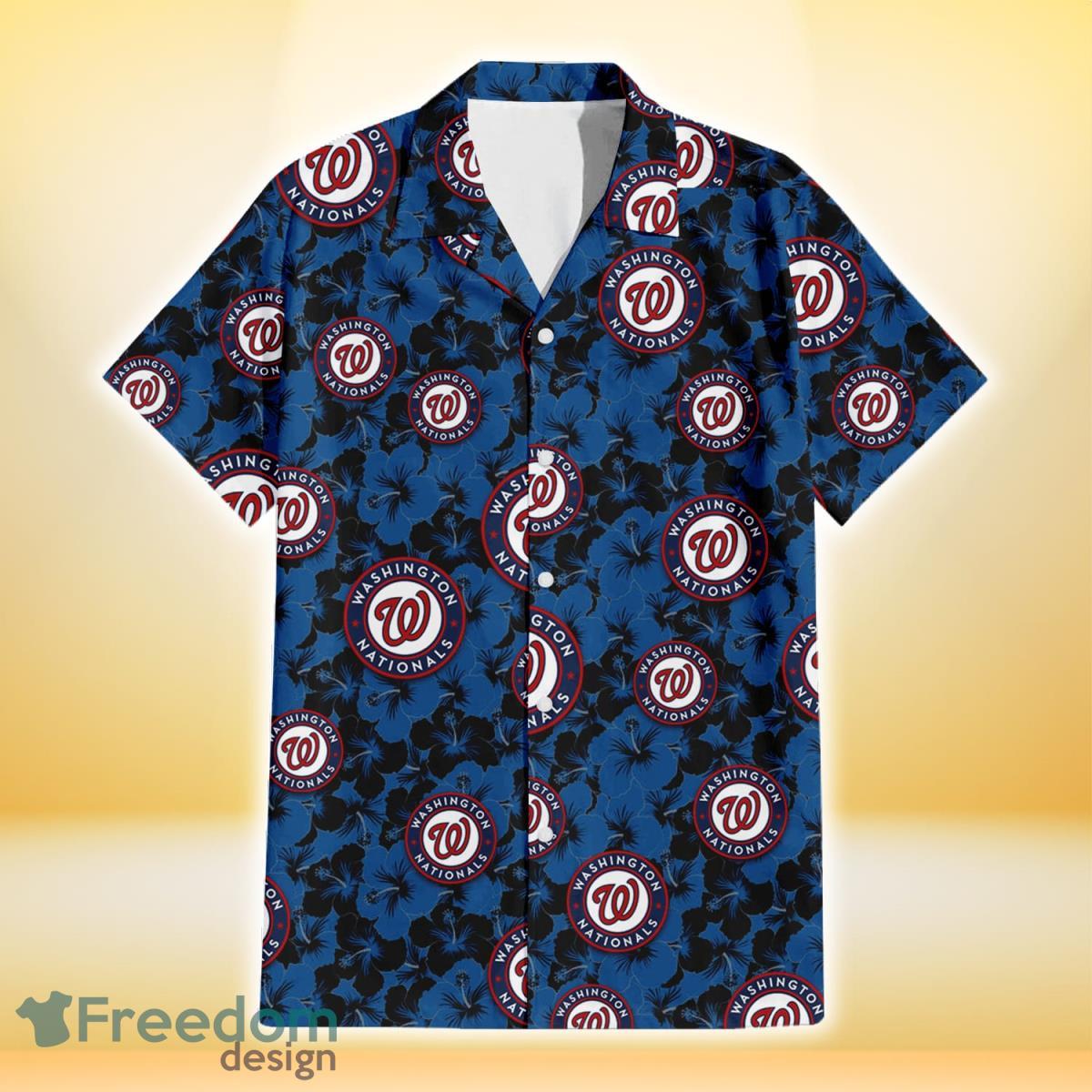 Washington Nationals Black Dark Blue Hibiscus Black Background 3D Hawaiian Shirt Gift For Fans Product Photo 2