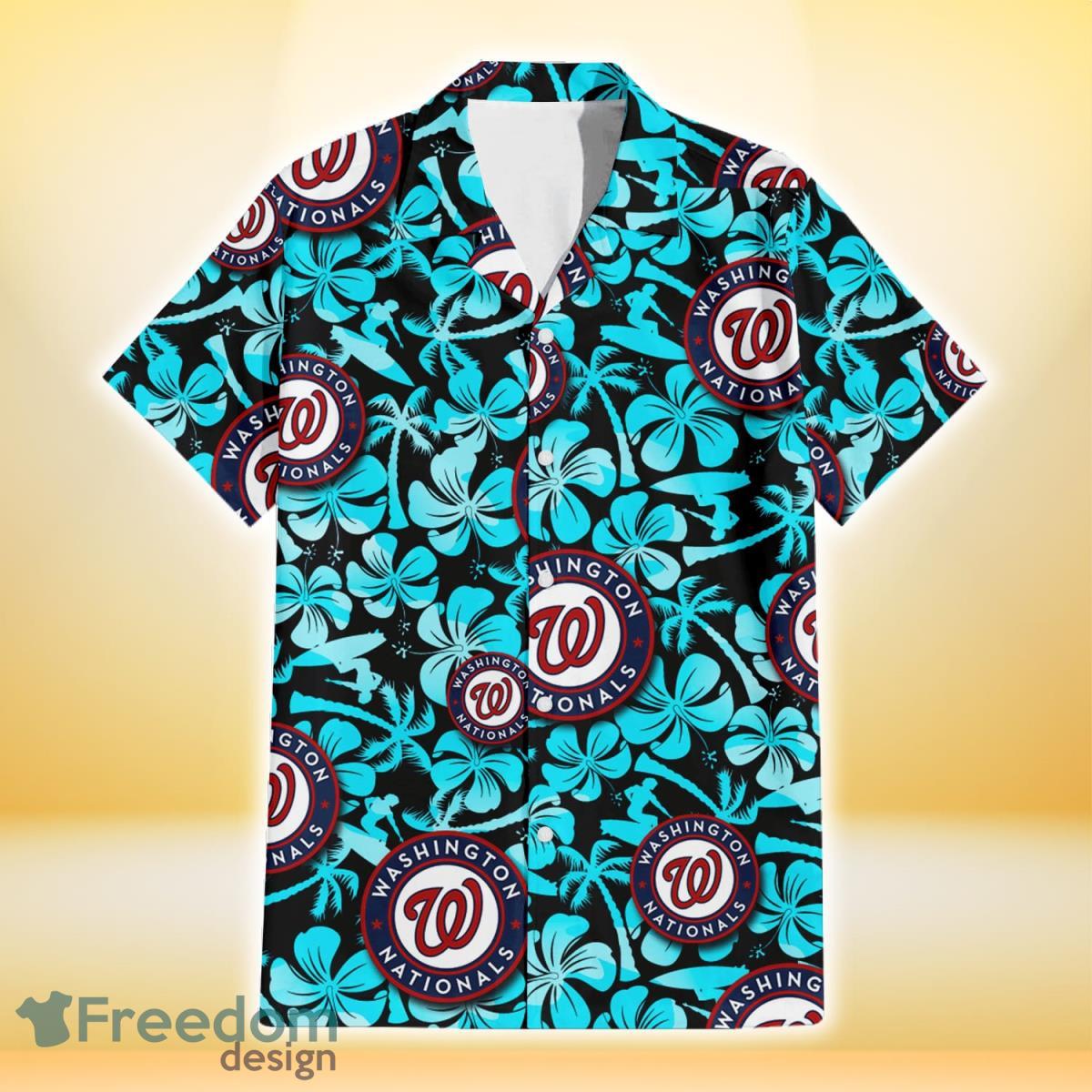 Washington Nationals Blue Hibiscus Blue Coconut Tree Black Background 3D Hawaiian Shirt Gift For Fans Product Photo 2