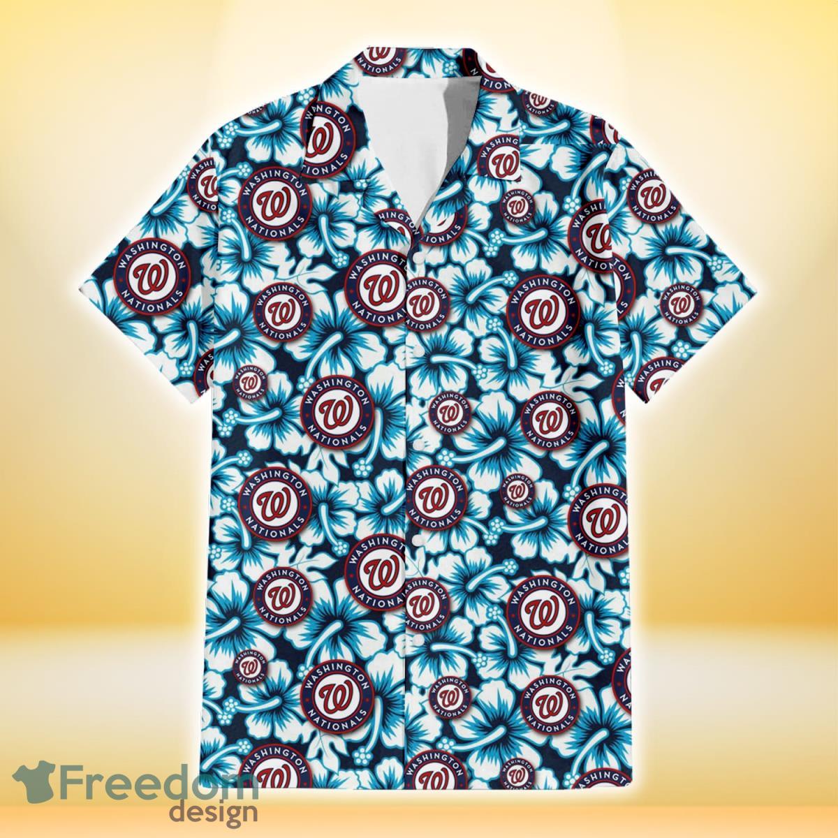 Washington Nationals Blue Line White Hibiscus Black Background 3D Hawaiian Shirt Gift For Fans Product Photo 2