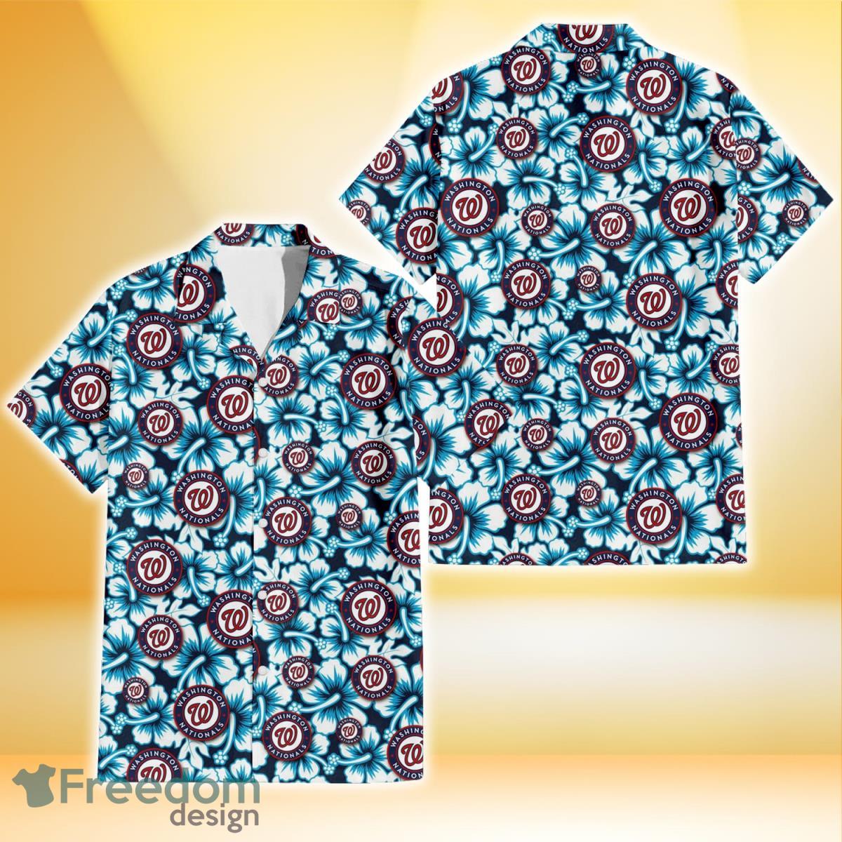 Washington Nationals Blue Line White Hibiscus Black Background 3D Hawaiian Shirt Gift For Fans Product Photo 1