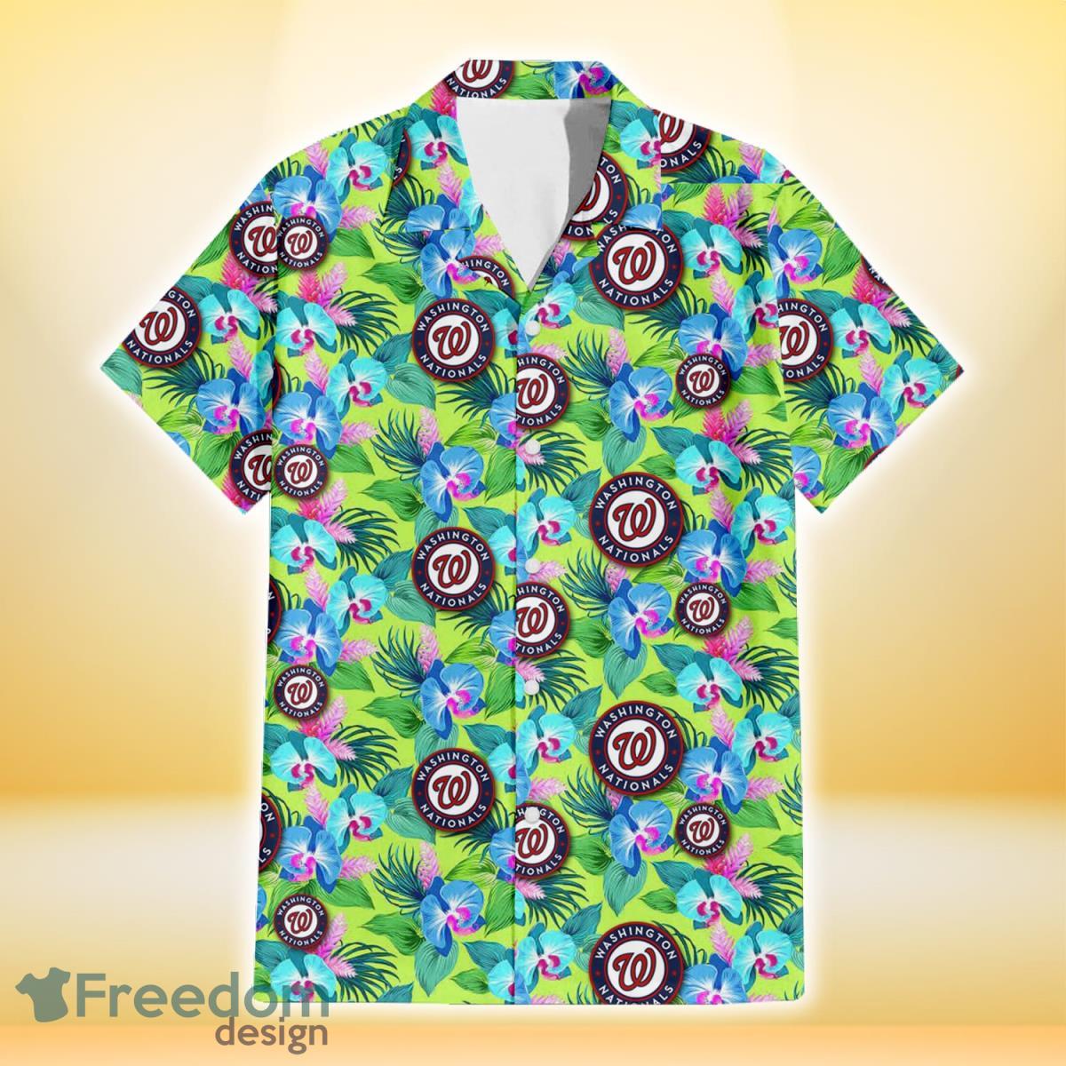 Washington Nationals Blue Orchid Green Pink Leaf Green Background 3D Hawaiian Shirt Gift For Fans Product Photo 2