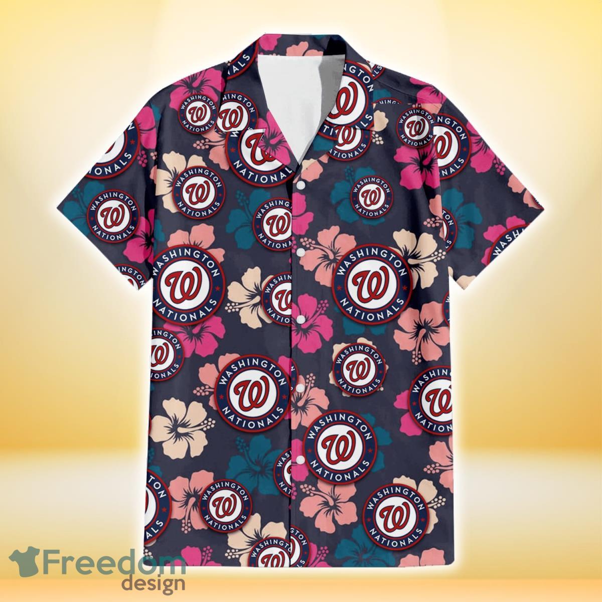 Washington Nationals Colorful Hibiscus Black Background 3D Hawaiian Shirt Gift For Fans Product Photo 2