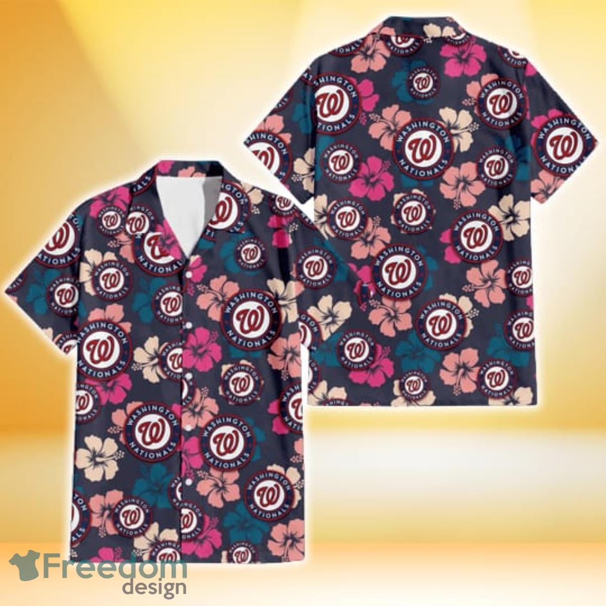 Washington Nationals Colorful Hibiscus Black Background 3D Hawaiian Shirt Gift For Fans Product Photo 1