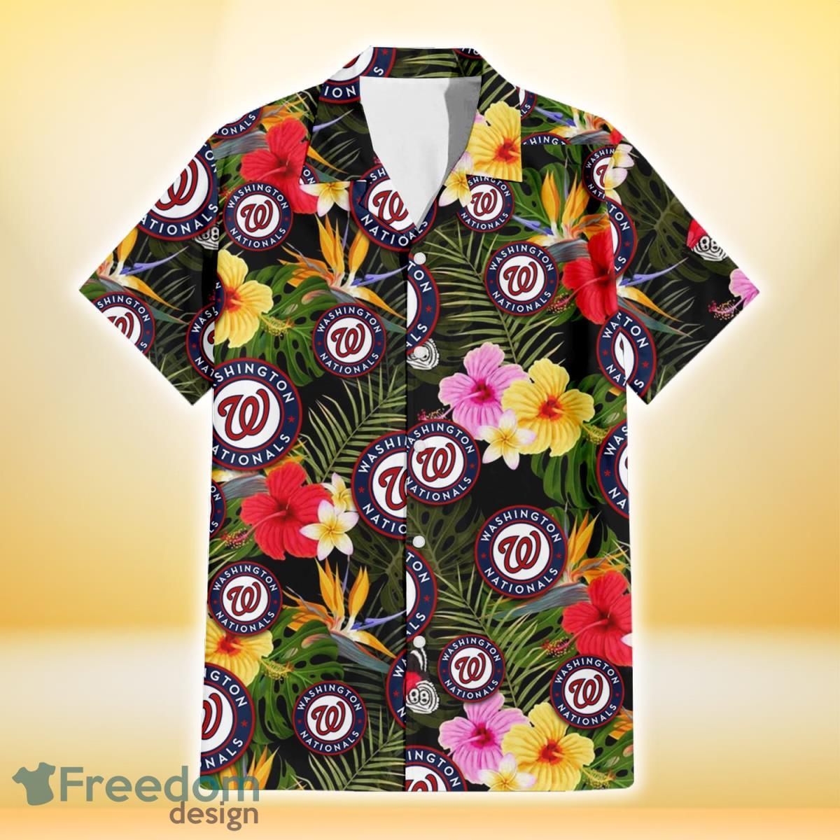 Washington Nationals Colorful Hibiscus Green Leaf Back Background 3D Hawaiian Shirt Gift For Fans Product Photo 2