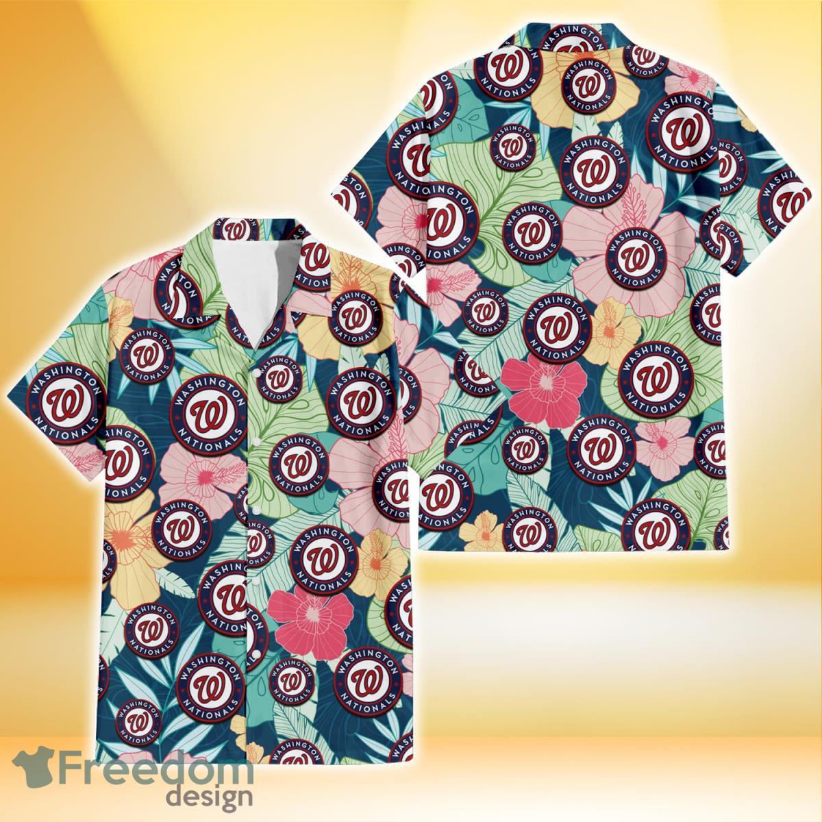 Washington Nationals Colorful Sketch Hibiscus Dark Green Background 3D Hawaiian Shirt Gift For Fans Product Photo 1