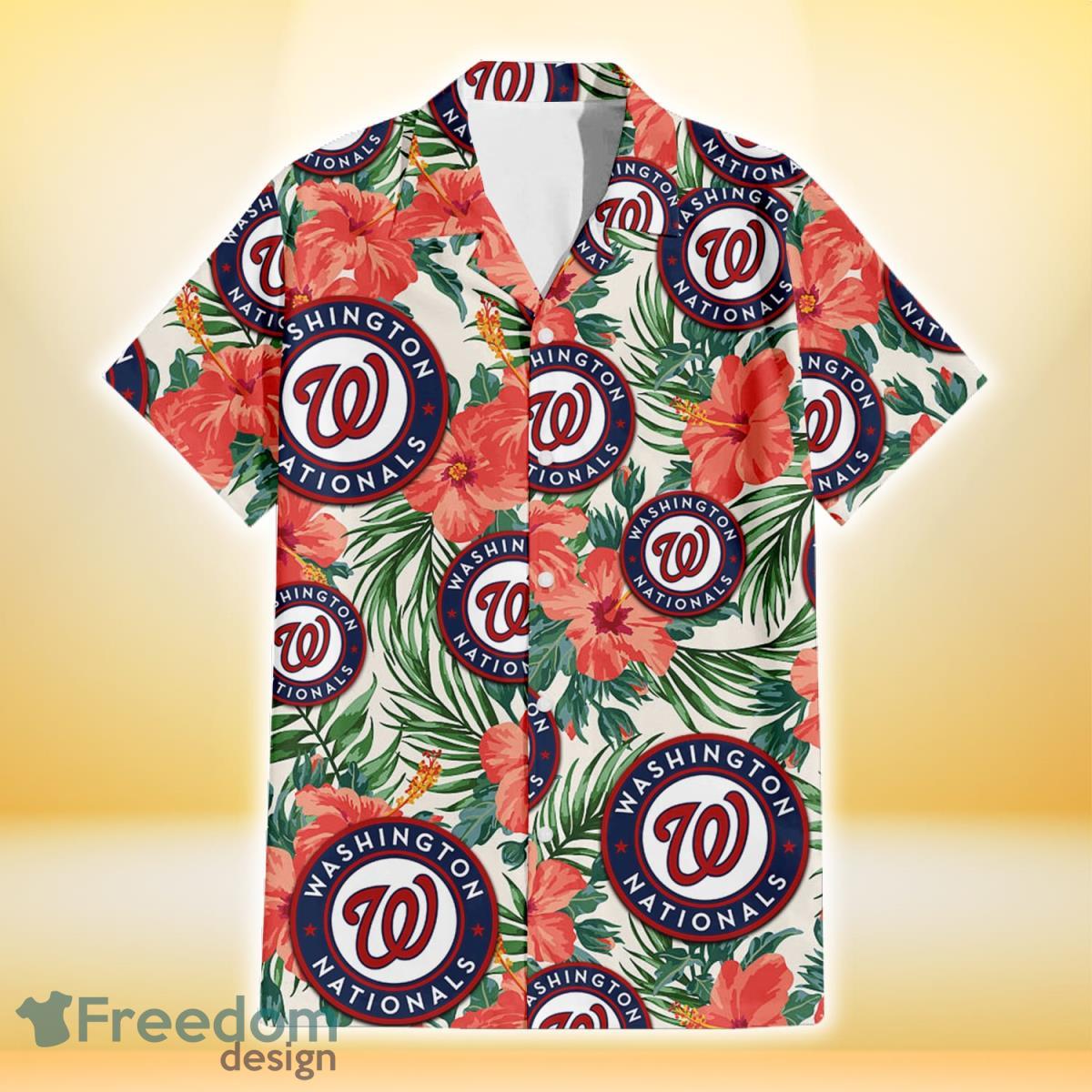 Washington Nationals Coral Hibiscus Green Leaf Beige Background 3D Hawaiian Shirt Gift For Fans Product Photo 2