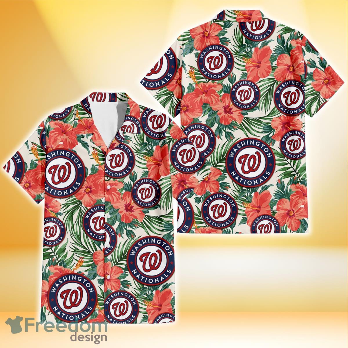 Washington Nationals Coral Hibiscus Green Leaf Beige Background 3D Hawaiian Shirt Gift For Fans Product Photo 1