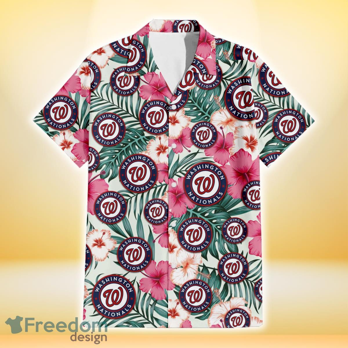 Washington Nationals Coral Pink Hibiscus Green Leaf Beige Background 3D Hawaiian Shirt Gift For Fans Product Photo 2