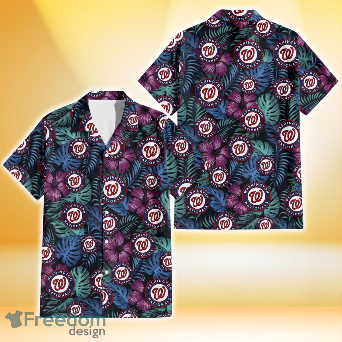 Washington Nationals Dark Magenta Green Leaf Black Background 3D Hawaiian Shirt Gift For Fans Product Photo 1