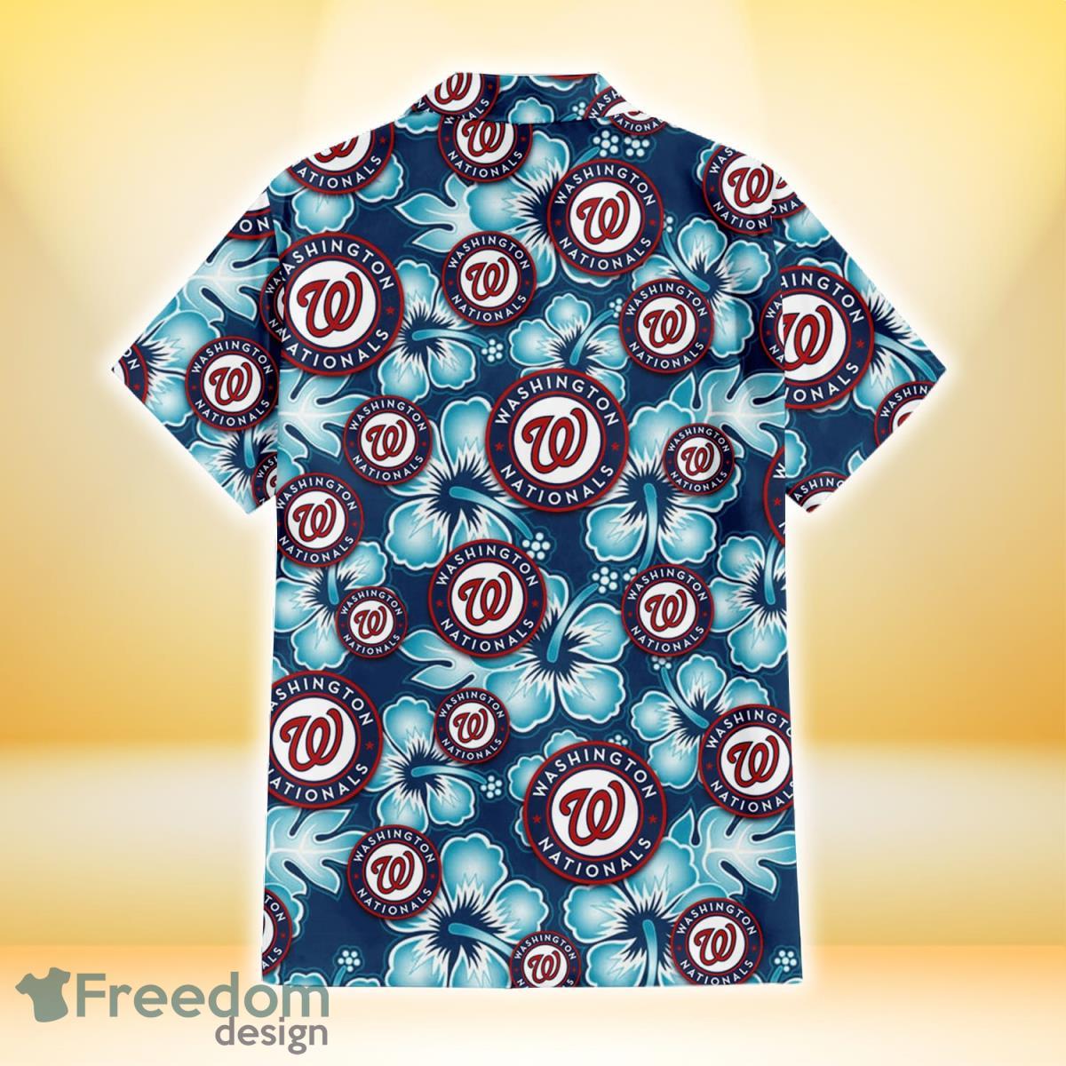 Washington Nationals Light Blue Hibiscus Banana Leaf Navy Background 3D  Hawaiian Shirt Gift For Fans - Freedomdesign