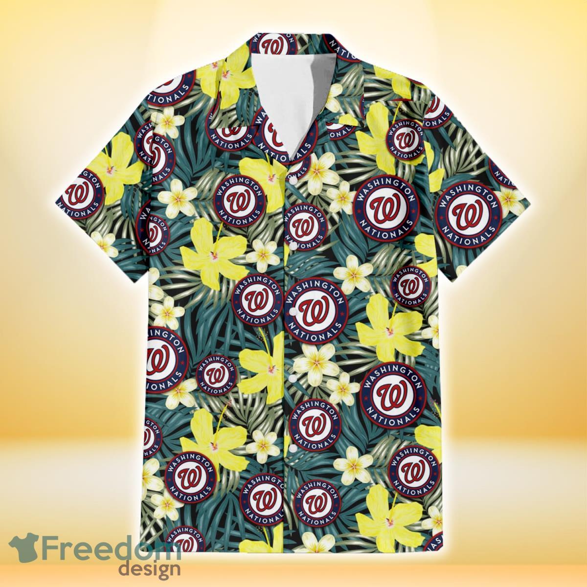 Washington Nationals Hibiscus Green Palm Leaf Black Background 3D Hawaiian Shirt Gift For Fans Product Photo 2