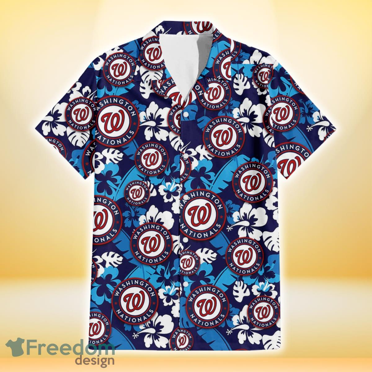 Washington Nationals Light Blue Hibiscus Banana Leaf Navy Background 3D Hawaiian Shirt Gift For Fans Product Photo 2