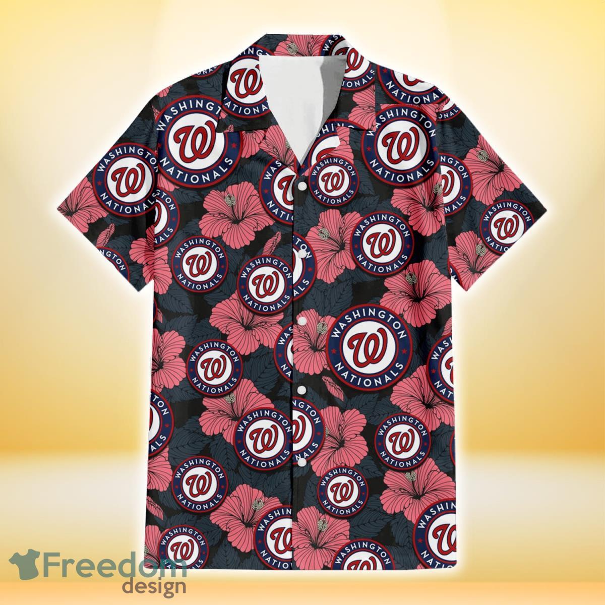 Washington Nationals Light Coral Hibiscus Gray Leaf Black Background 3D Hawaiian Shirt Gift For Fans Product Photo 2