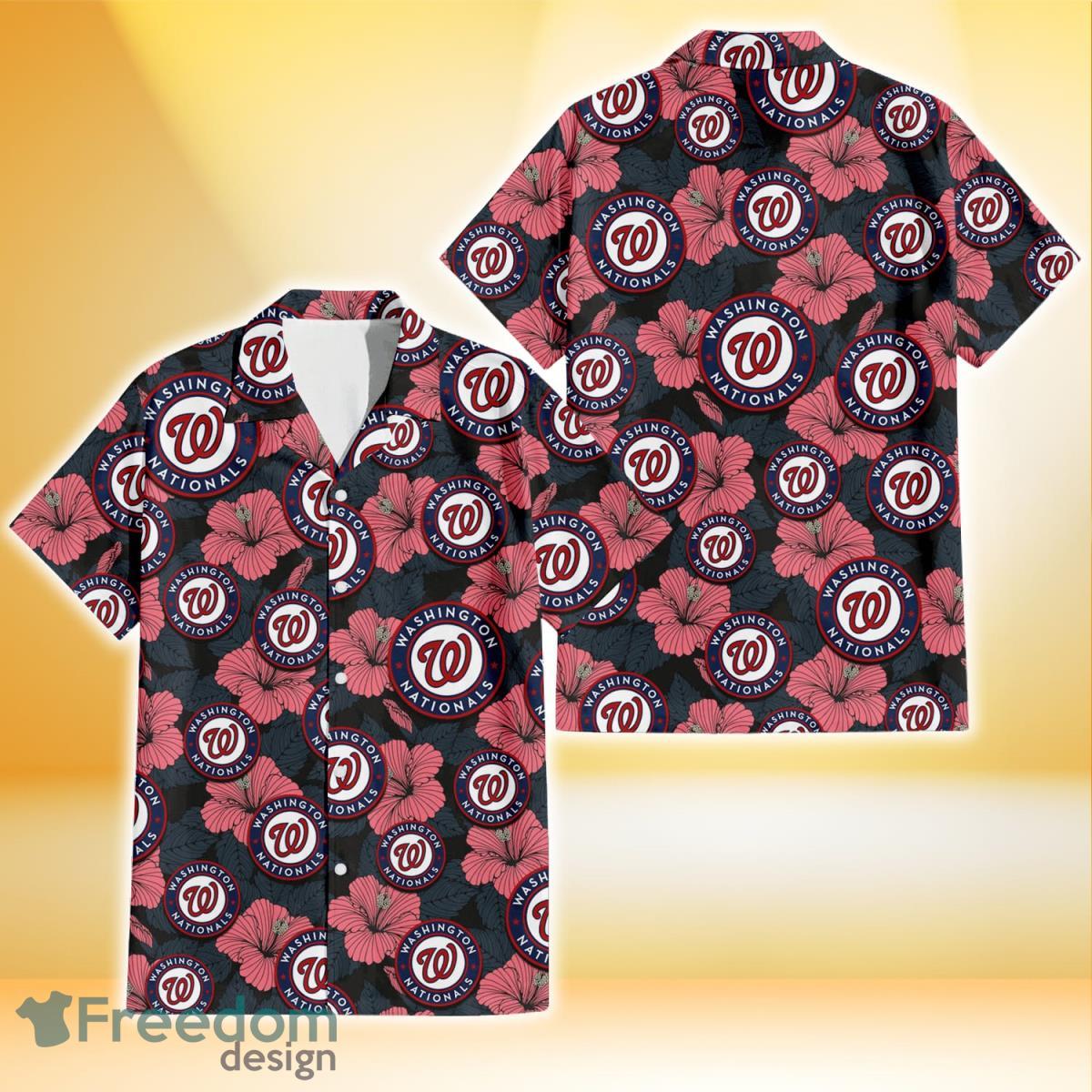 Washington Nationals Light Coral Hibiscus Gray Leaf Black Background 3D Hawaiian Shirt Gift For Fans Product Photo 1