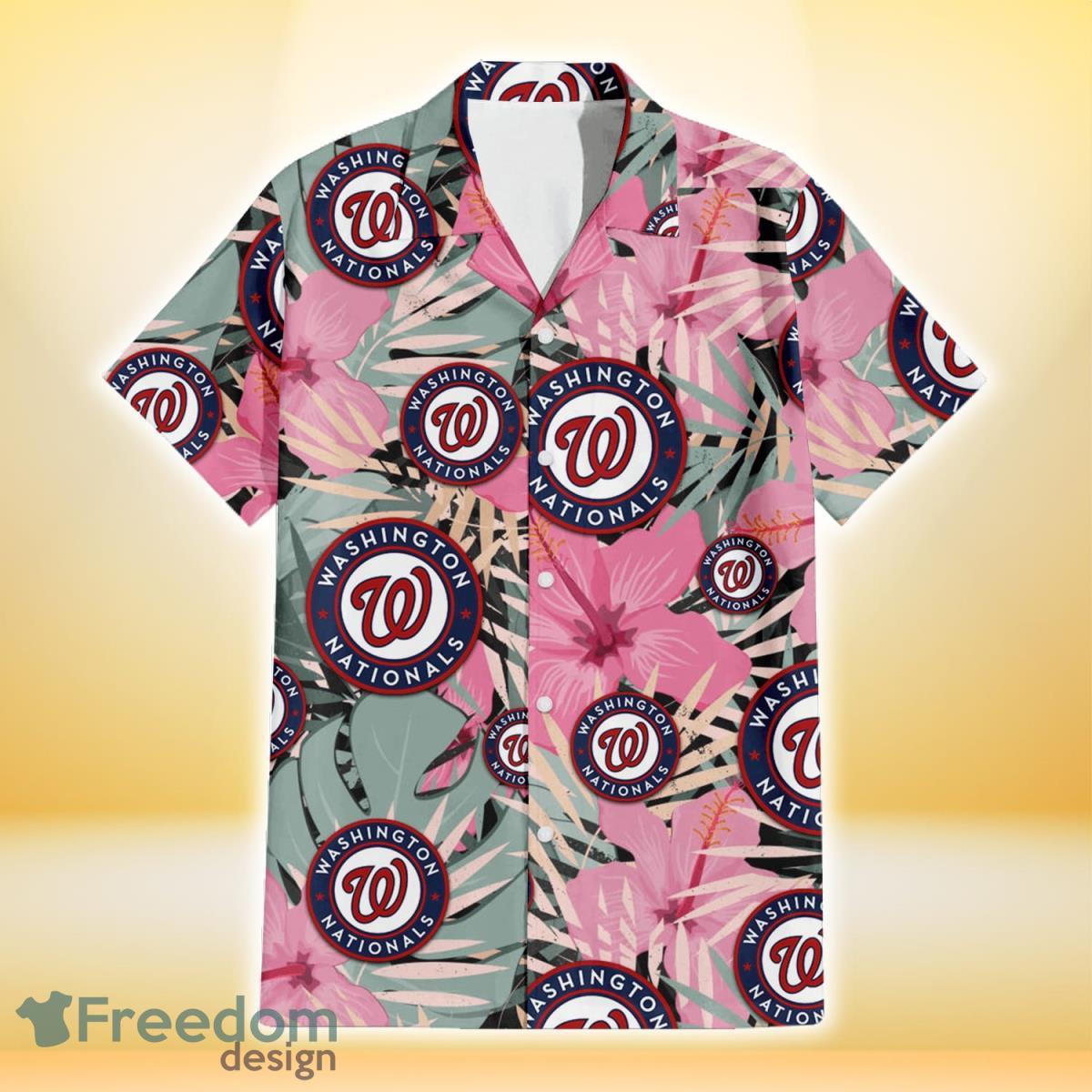 Washington Nationals Light Pink Hibiscus Pale Green Leaf Black Background 3D Hawaiian Shirt Gift For Fans Product Photo 2