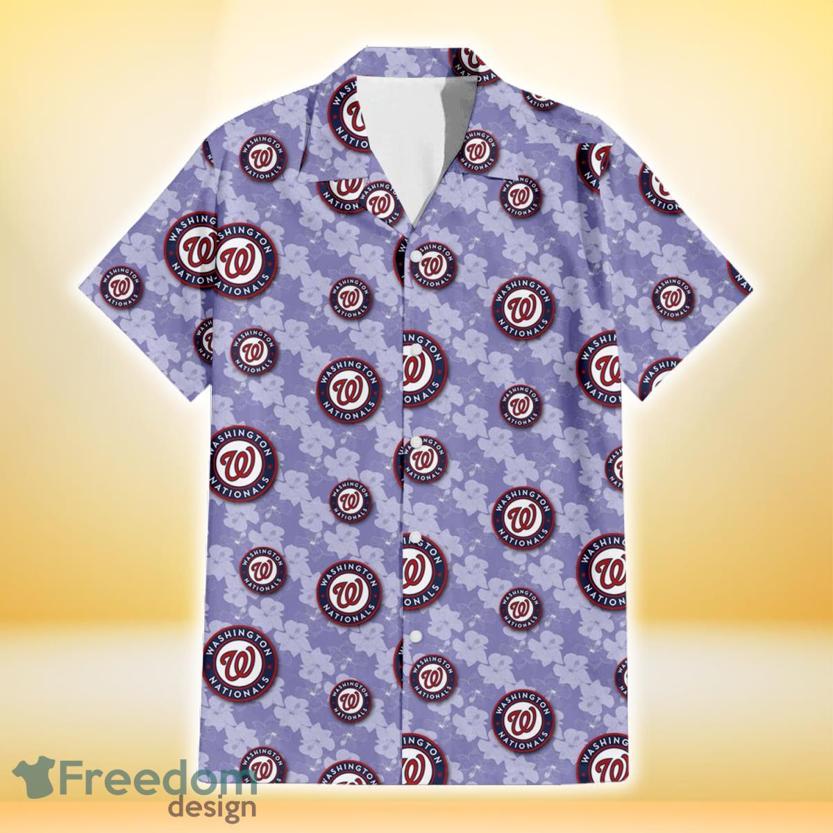 Washington Nationals Light Purple Hibiscus Pattern Stripe Powder Purple 3D Hawaiian Shirt Gift For Fans Product Photo 2