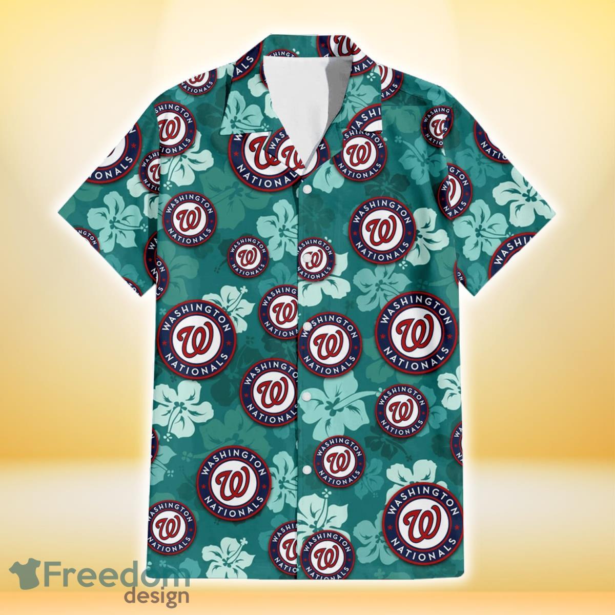 Washington Nationals Light Sea Green Hibiscus Green Background 3D Hawaiian Shirt Gift For Fans Product Photo 2