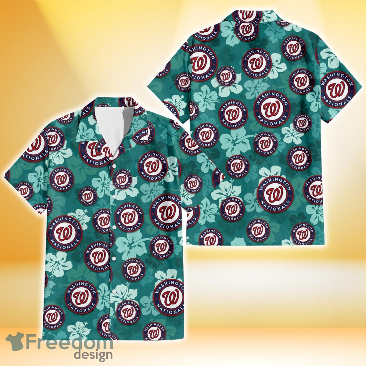 Washington Nationals Light Sea Green Hibiscus Green Background 3D Hawaiian Shirt Gift For Fans Product Photo 1