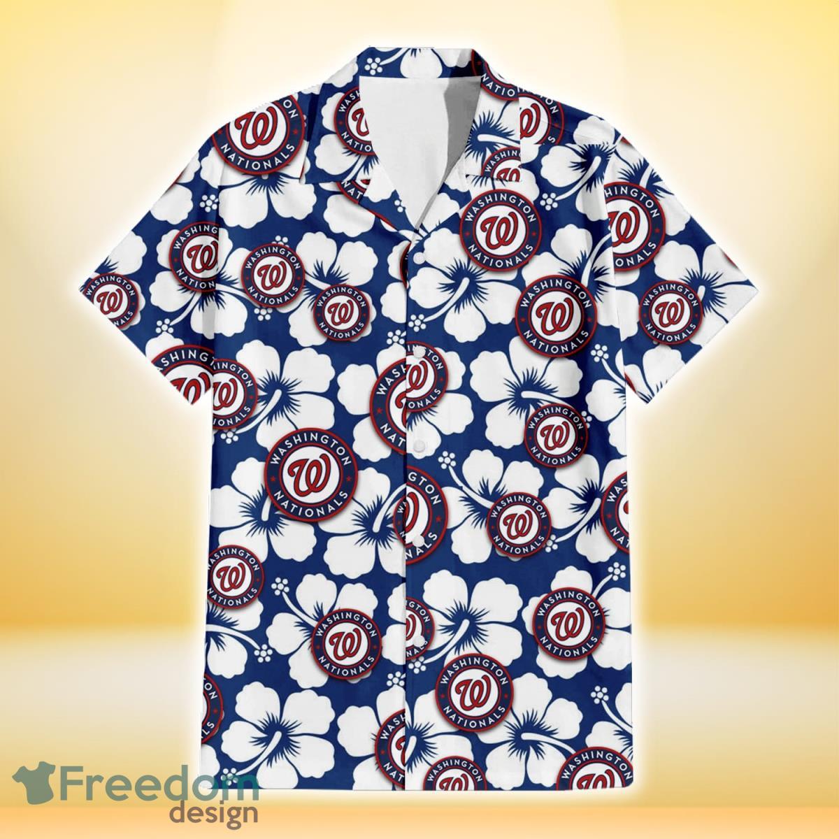 Washington Nationals Modern White Hibiscus Navy Background 3D Hawaiian Shirt Gift For Fans Product Photo 2