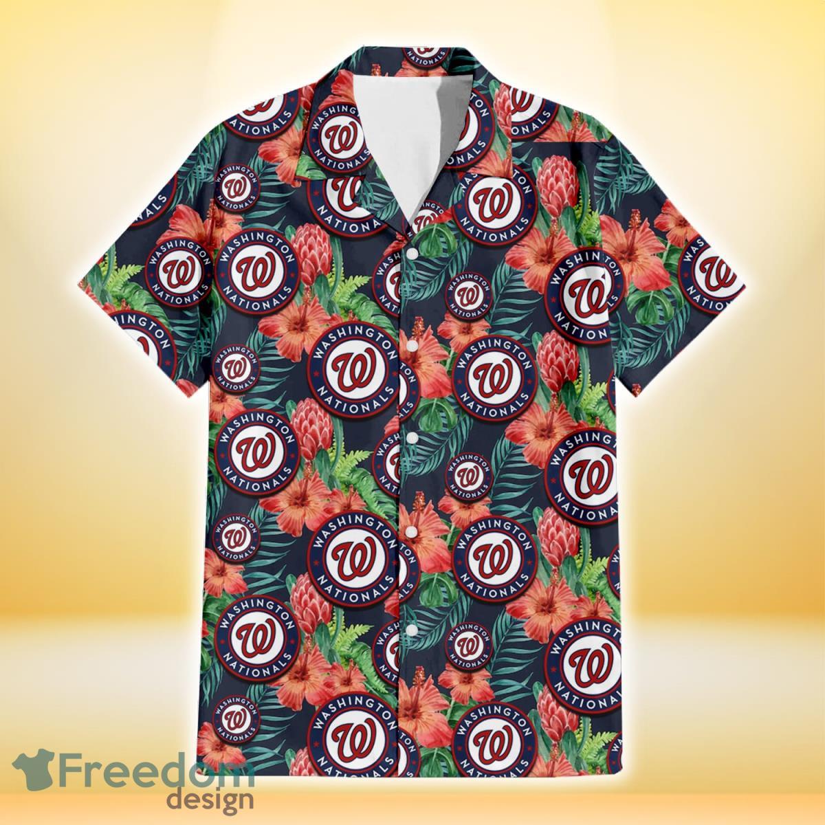 Washington Nationals Orange Hibiscus Green Tropical Leaf Dark Background 3D Hawaiian  Shirt Gift For Fans - Freedomdesign