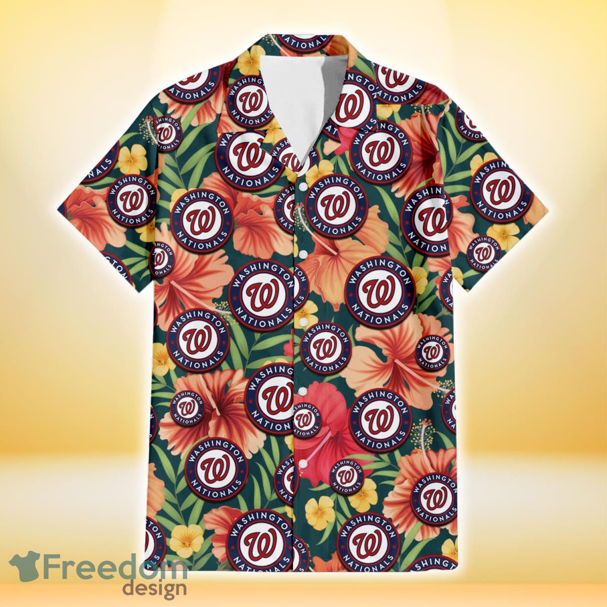 Washington Nationals Orange Red Hibiscus Green Leaf Dark Background 3D Hawaiian Shirt Gift For Fans Product Photo 2