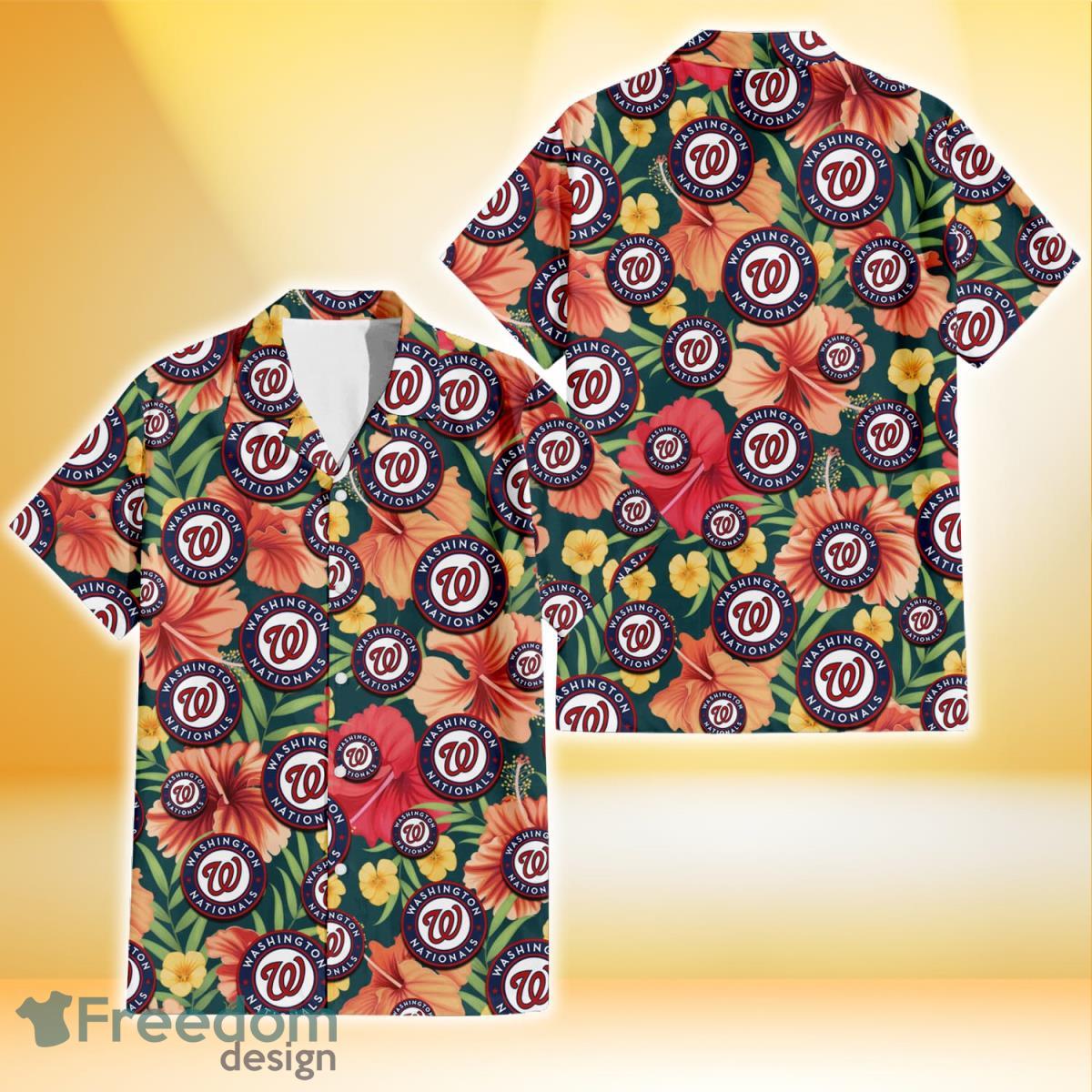 Washington Nationals Orange Red Hibiscus Green Leaf Dark Background 3D Hawaiian Shirt Gift For Fans Product Photo 1