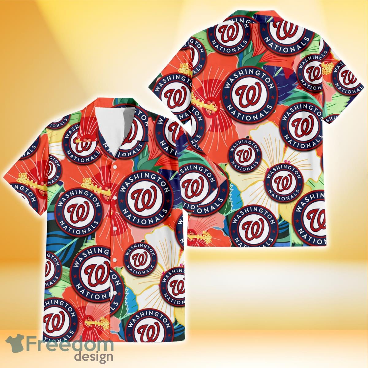 Washington Nationals Orange White Tropical Hibiscus Green Leaf 3D Hawaiian Shirt Gift For Fans Product Photo 1