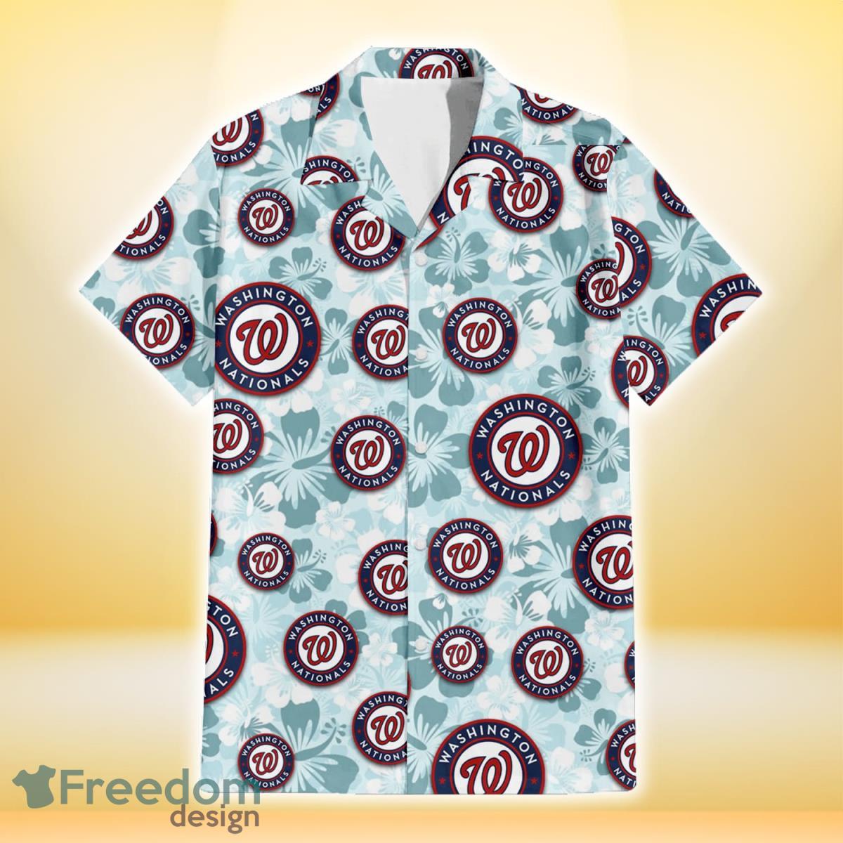 Washington Nationals Pale Turquoise Hibiscus Light Cyan Background 3D Hawaiian Shirt Gift For Fans Product Photo 2