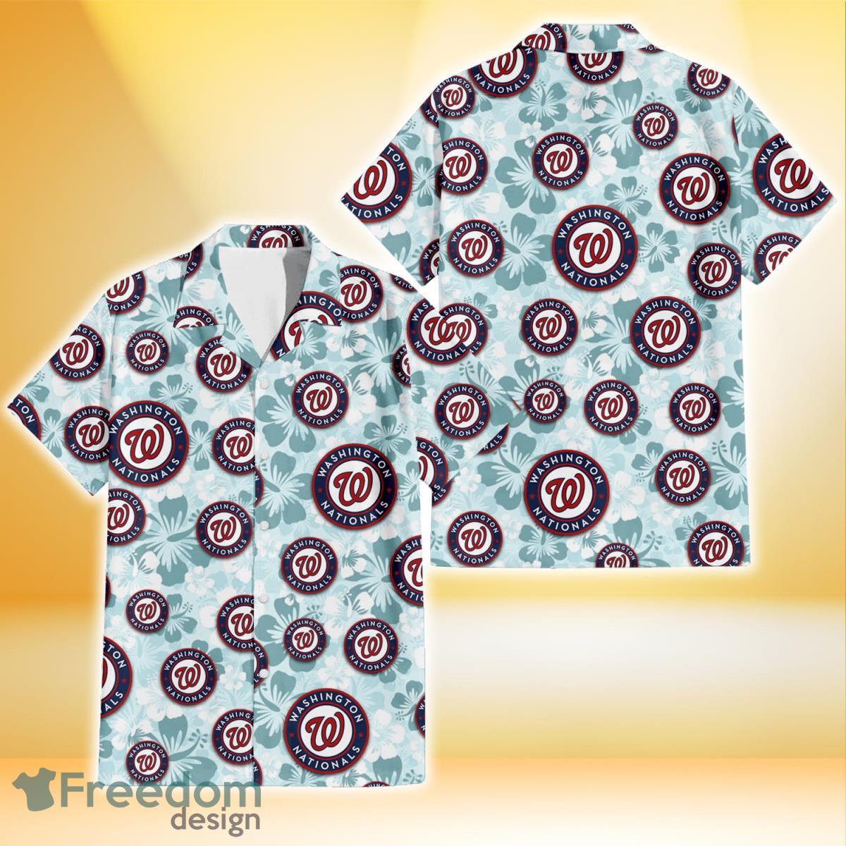 Washington Nationals Pale Turquoise Hibiscus Light Cyan Background 3D Hawaiian Shirt Gift For Fans Product Photo 1