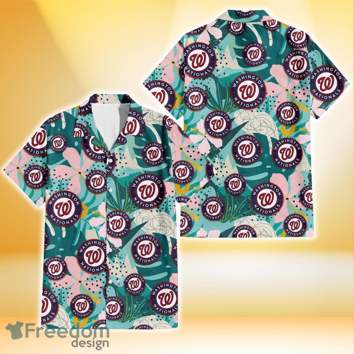 Washington Nationals Pastel Hibiscus Palm Leaf Tiny Dot Green Background 3D Hawaiian Shirt Gift For Fans Product Photo 1