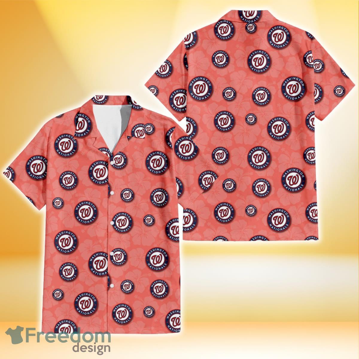 Washington Nationals Peach Puff Hibiscus Tomato Orange Background 3D Hawaiian Shirt Gift For Fans Product Photo 1