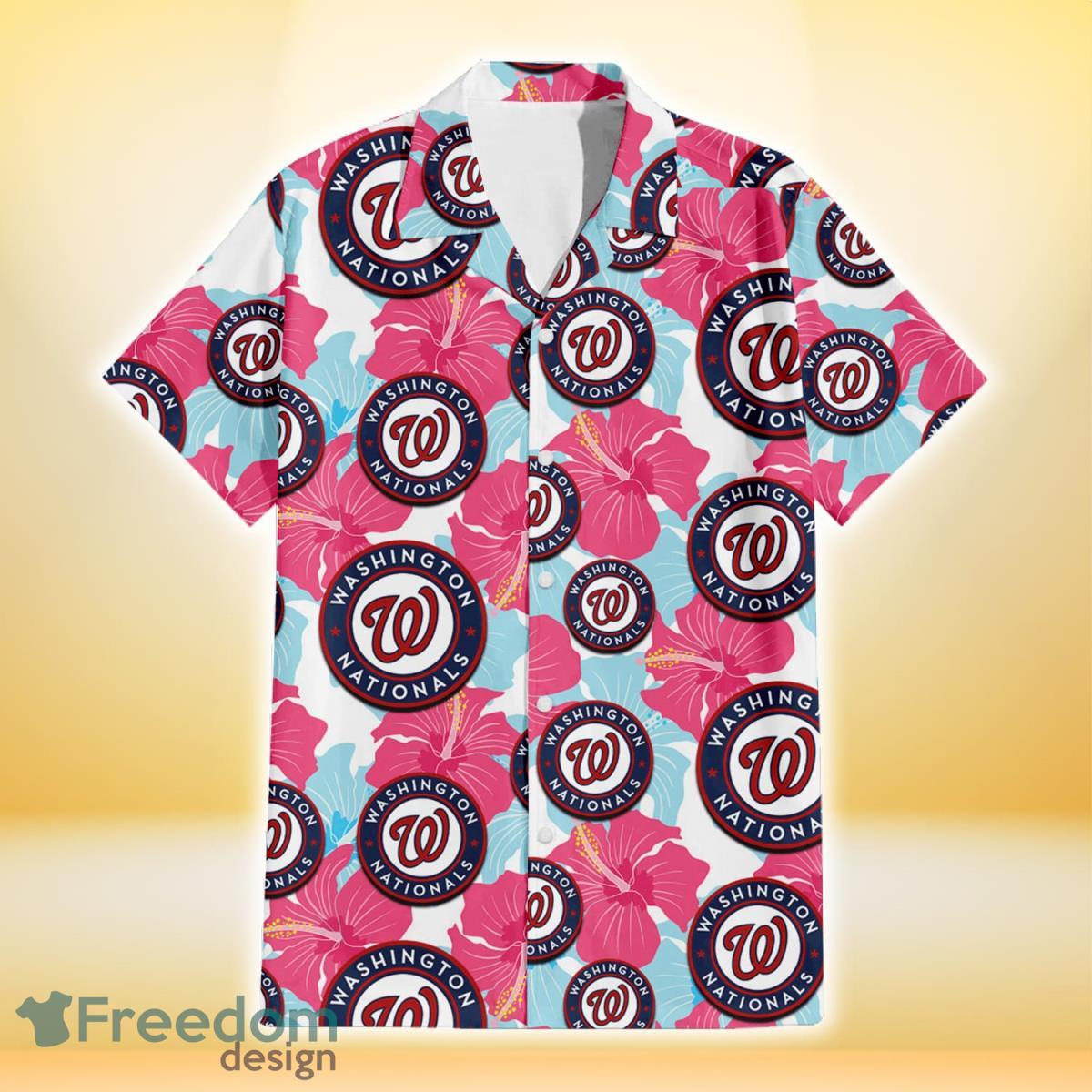 Washington Nationals Pink Blue Hibiscus White Background 3D Hawaiian Shirt Gift For Fans Product Photo 2