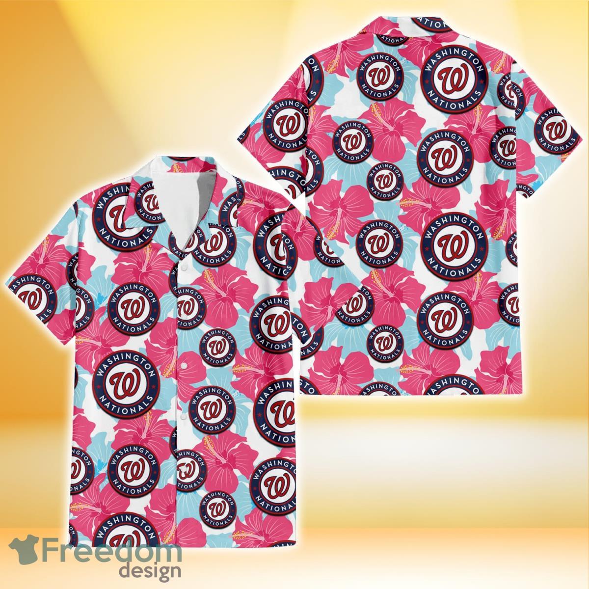 Washington Nationals Pink Blue Hibiscus White Background 3D Hawaiian Shirt Gift For Fans Product Photo 1