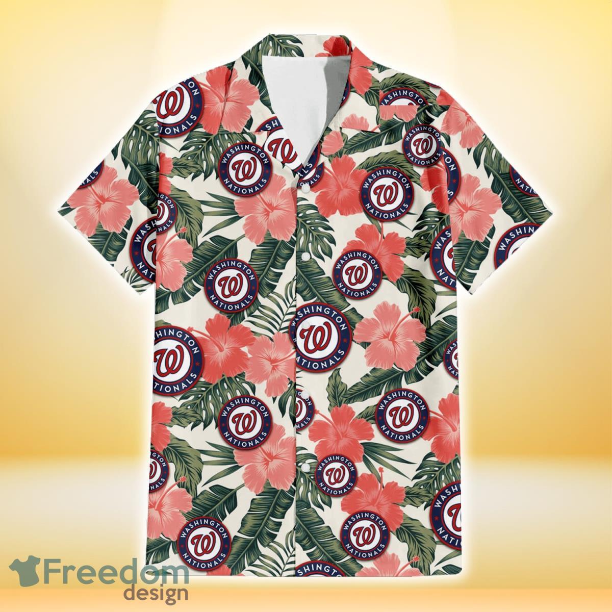 Washington Nationals Pink Coral Hibiscus Banana Leaf Beige Background 3D Hawaiian Shirt Gift For Fans Product Photo 2