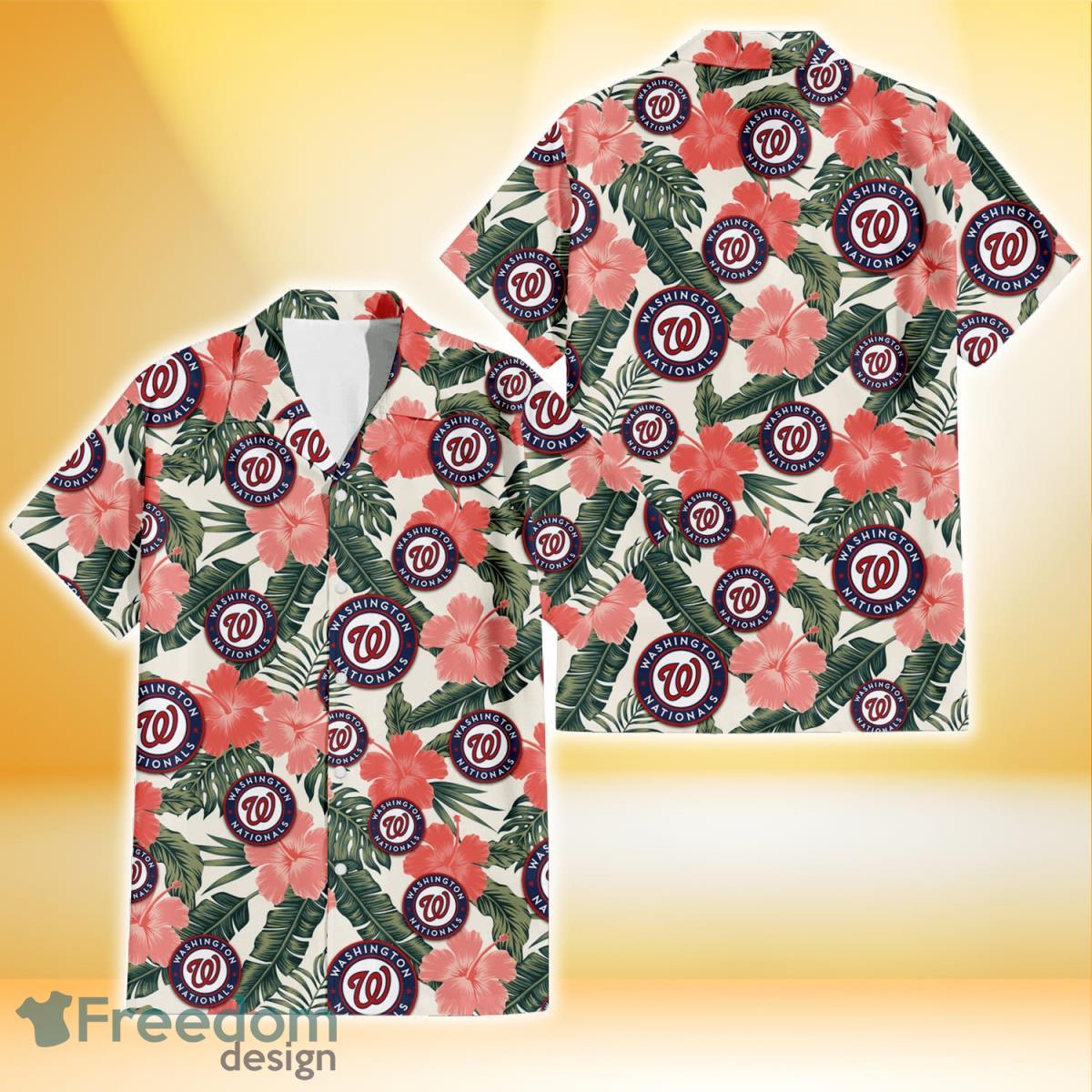 Washington Nationals Pink Coral Hibiscus Banana Leaf Beige Background 3D Hawaiian Shirt Gift For Fans Product Photo 1