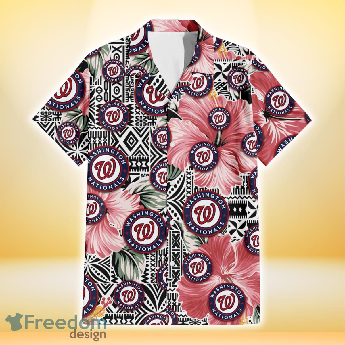 Washington Nationals Pink Hibiscus Black Pattern White Background 3D Hawaiian Shirt Gift For Fans Product Photo 2