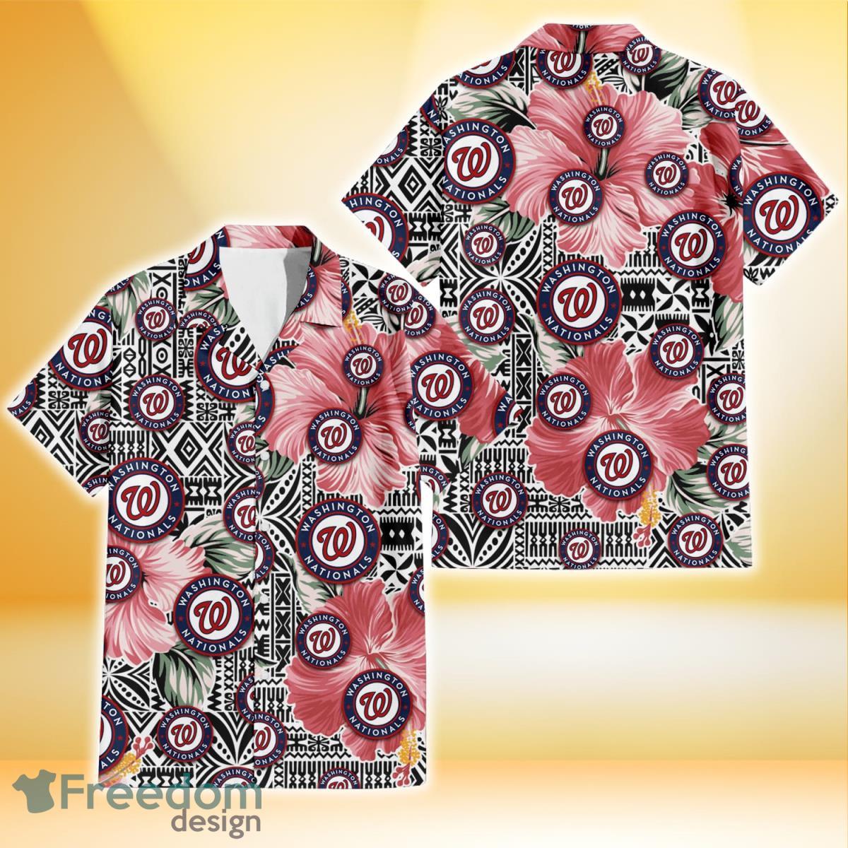 Washington Nationals Pink Hibiscus Black Pattern White Background 3D Hawaiian Shirt Gift For Fans Product Photo 1