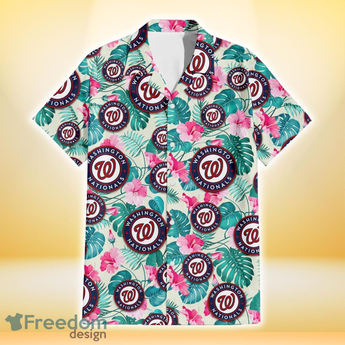 Washington Nationals Pink Hibiscus Green Leaf Beige Background 3D Hawaiian Shirt Gift For Fans Product Photo 2