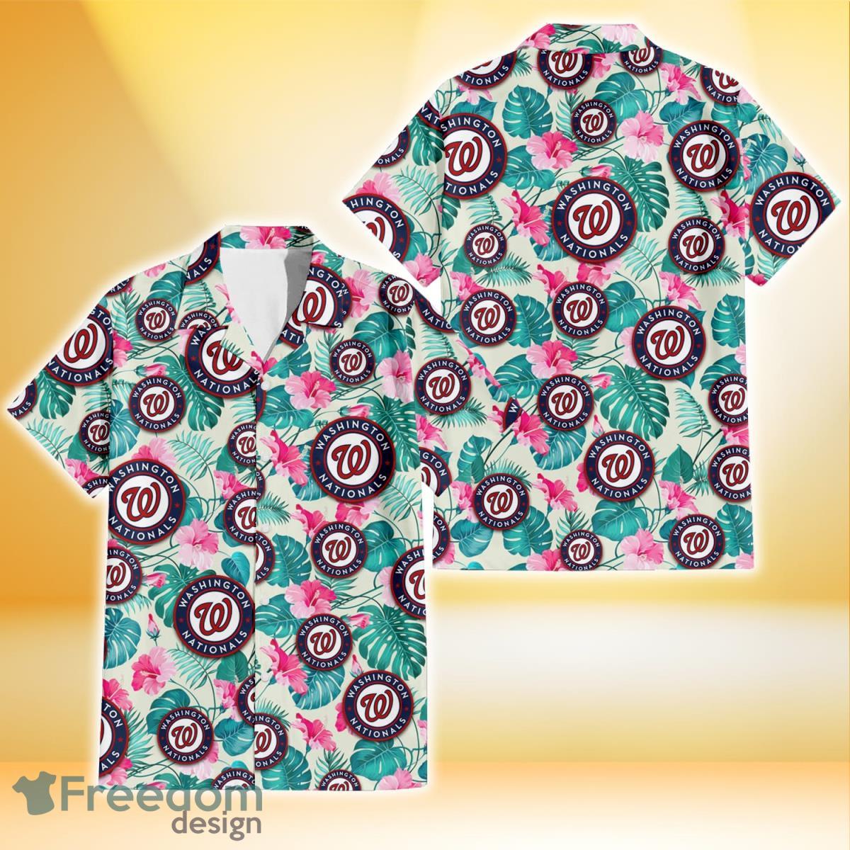 Washington Nationals Pink Hibiscus Green Leaf Beige Background 3D Hawaiian Shirt Gift For Fans Product Photo 1