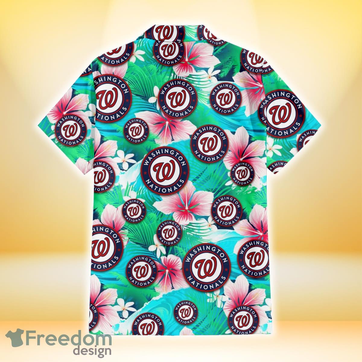 Washington Nationals Light Pink Hibiscus Pale Green Leaf Black Background  3D Hawaiian Shirt Gift For Fans - Freedomdesign