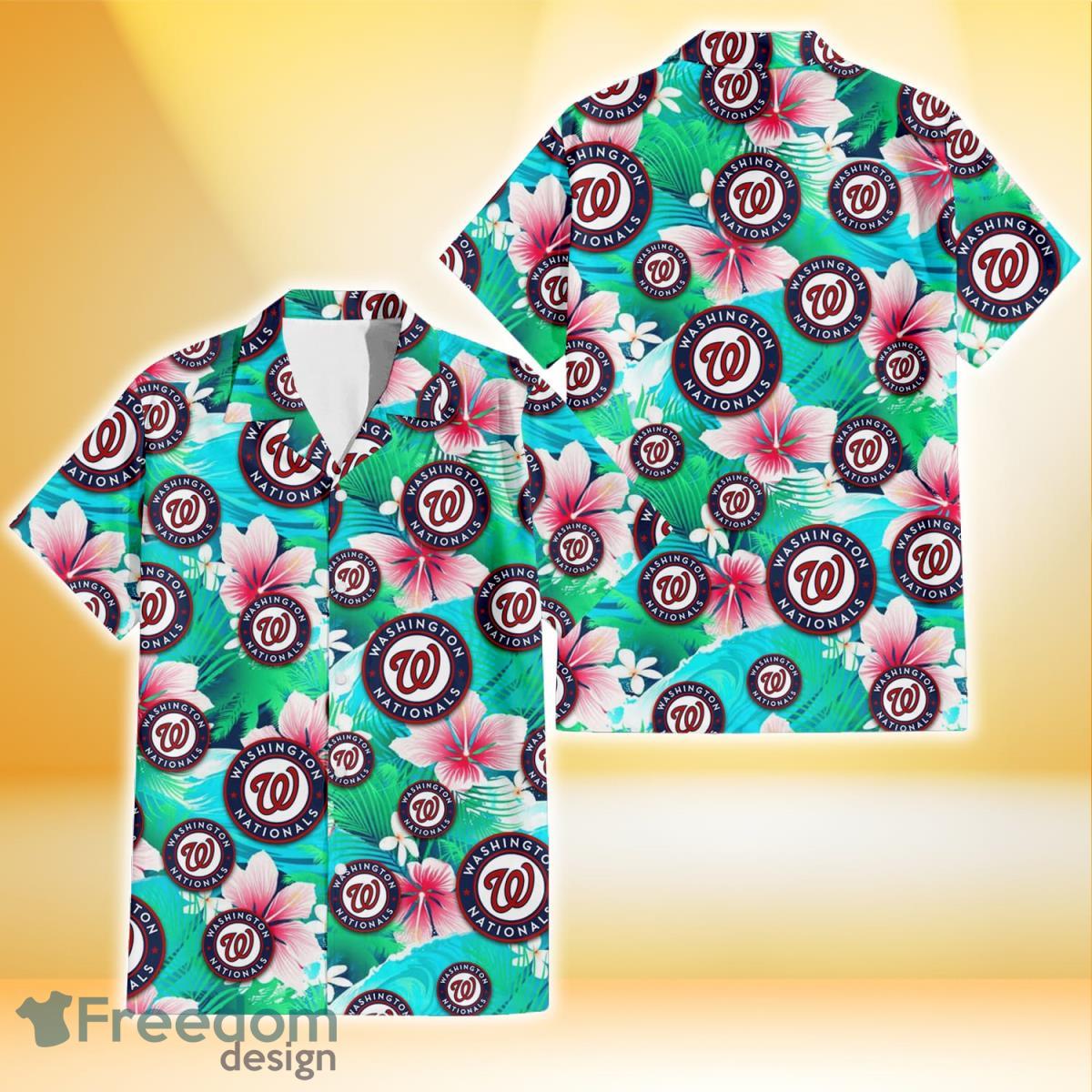 Washington Nationals Pink Hibiscus Green Leaf Blue Background 3D Hawaiian Shirt Gift For Fans Product Photo 1