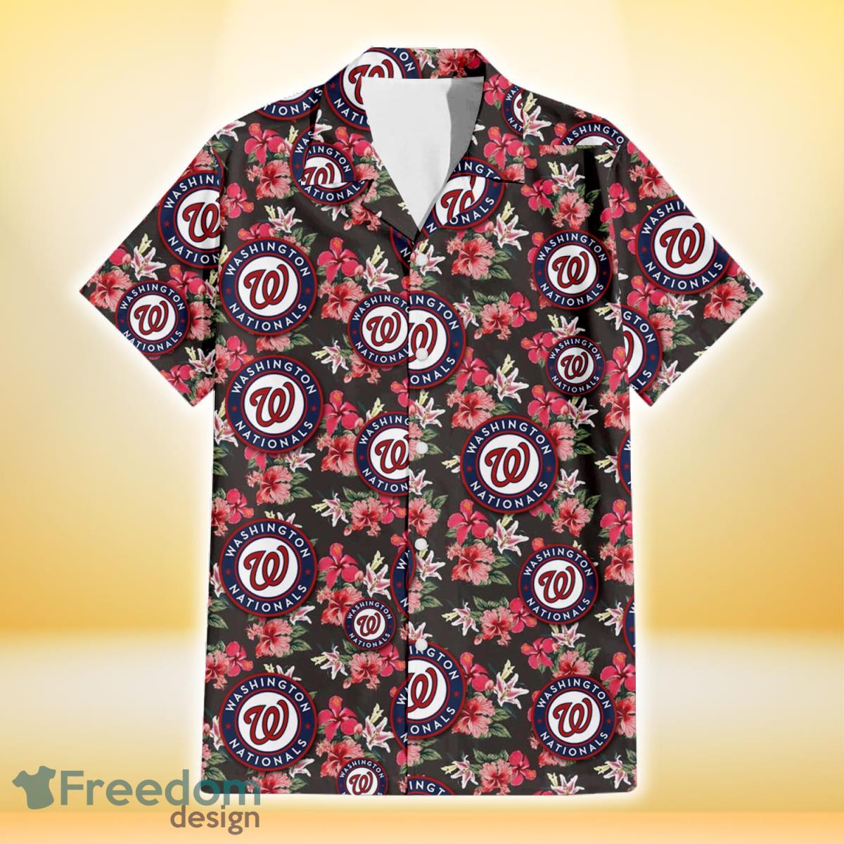 Washington Nationals Pink Hibiscus Orchid Brown Background 3D Hawaiian Shirt Gift For Fans Product Photo 2