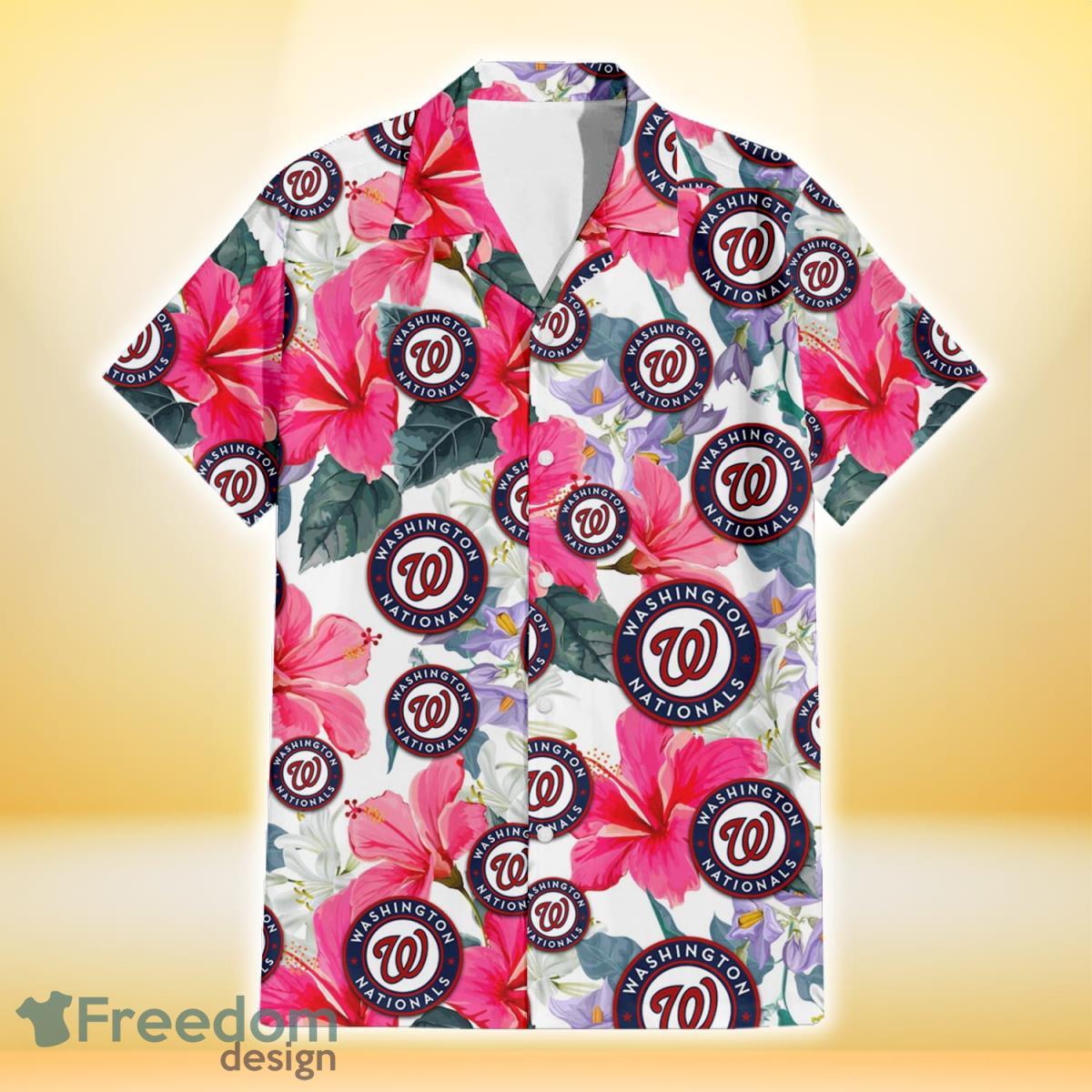 Washington Nationals Pink Hibiscus White Orchid White Background 3D Hawaiian Shirt Gift For Fans Product Photo 2