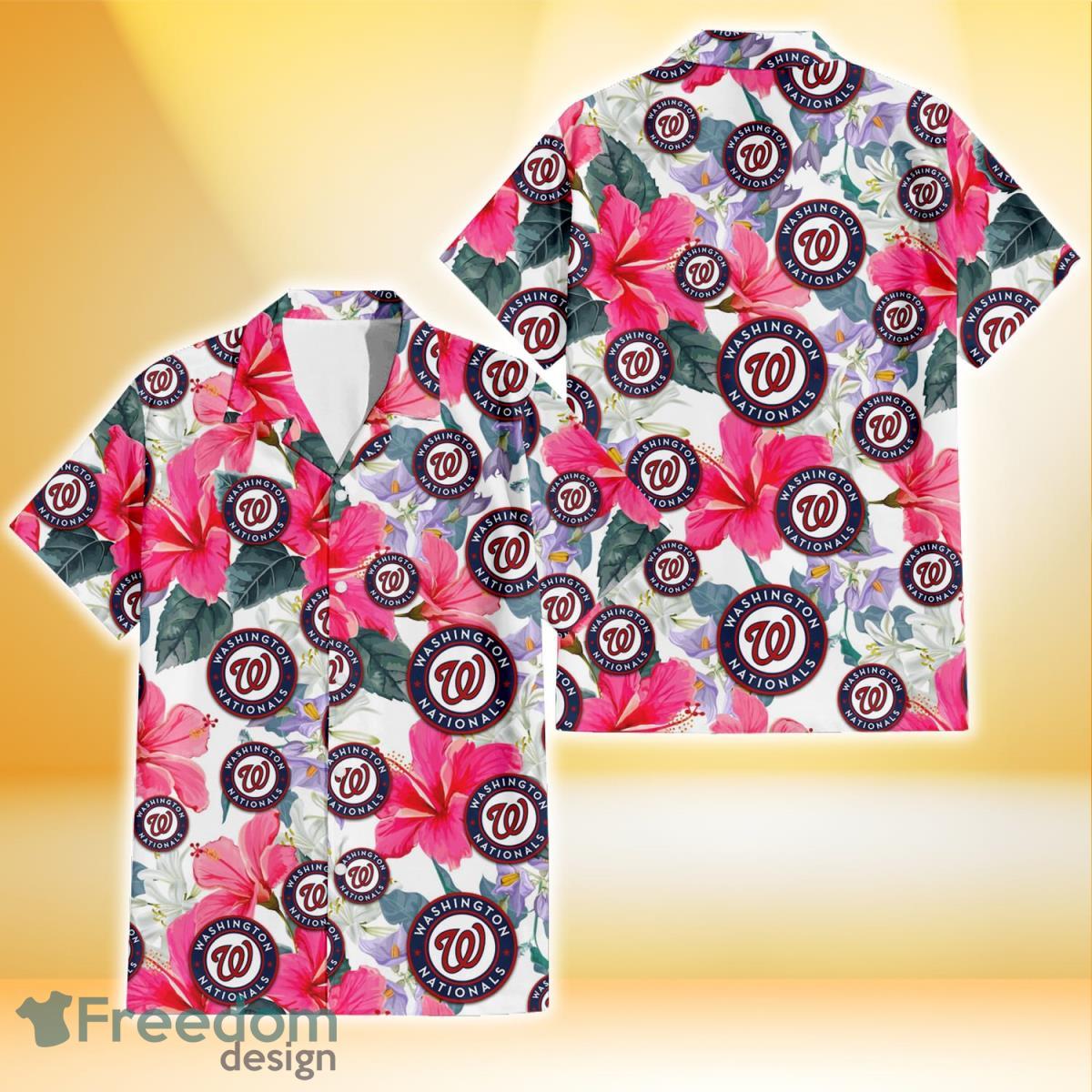 Washington Nationals Pink Hibiscus White Orchid White Background 3D Hawaiian Shirt Gift For Fans Product Photo 1