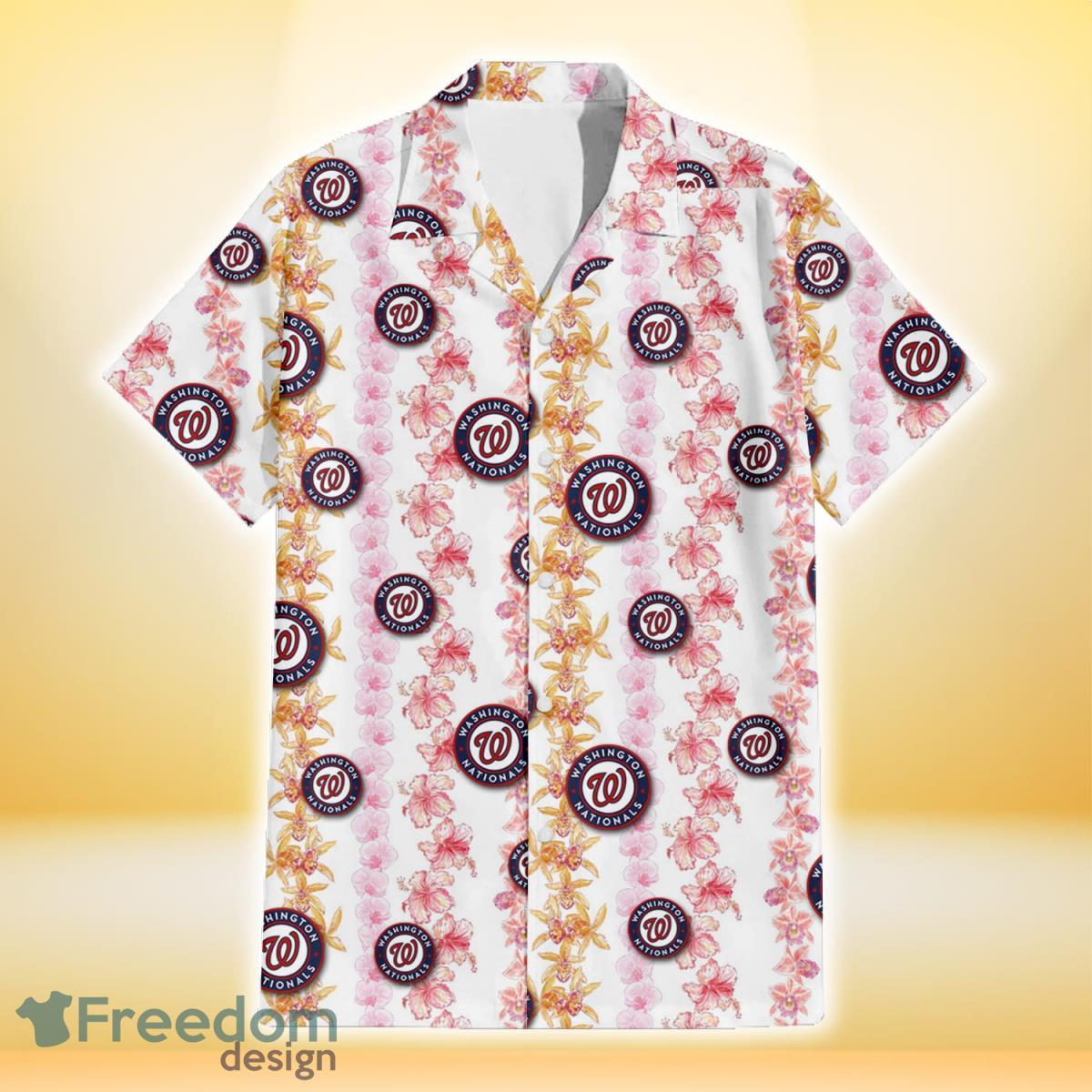 Washington Nationals Pink Hibiscus Yellow Pink Orchid White Background 3D Hawaiian Shirt Gift For Fans Product Photo 2