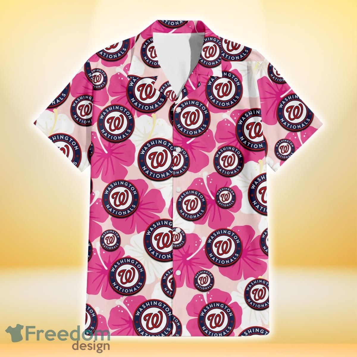 Washington Nationals Pink White Hibiscus Misty Rose Background 3D Hawaiian Shirt Gift For Fans Product Photo 2