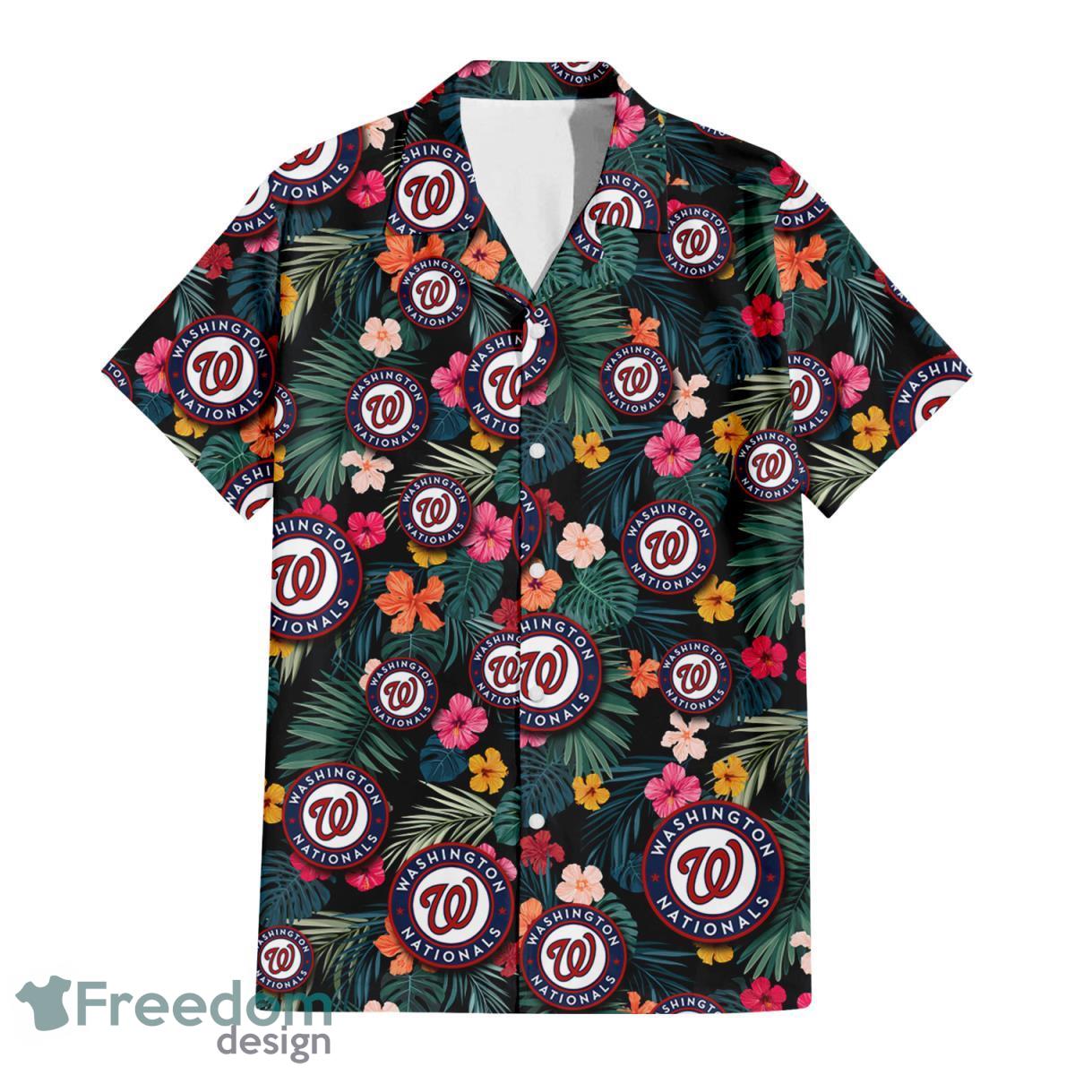 Washington Nationals Pink Yellow Orange Hibiscus Big Tropical Leaf Black Background 3D Hawaiian Shirt Gift For Fans Product Photo 2