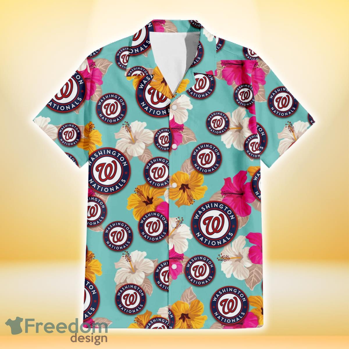 Washington Nationals Pink Yellow White Hibiscus Turquoise Background 3D Hawaiian Shirt Gift For Fans Product Photo 2