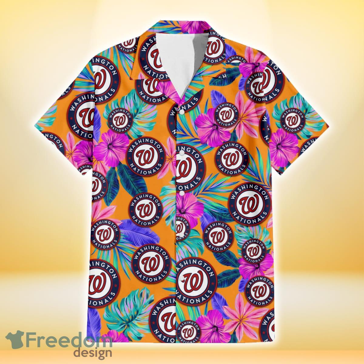 Washington Nationals Purple Hibiscus Neon Leaf Orange Background 3D Hawaiian Shirt Gift For Fans Product Photo 2