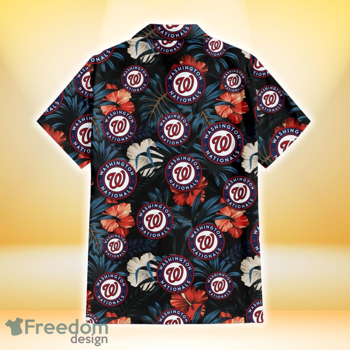 Washington Nationals Red And White Hibiscus Dark Leaf Black Background 3D  Hawaiian Shirt - Limotees